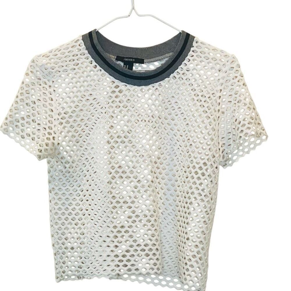 Forever 21 Crew Neck Mesh Netted Short Sleeve Crop Top White Gray Medium